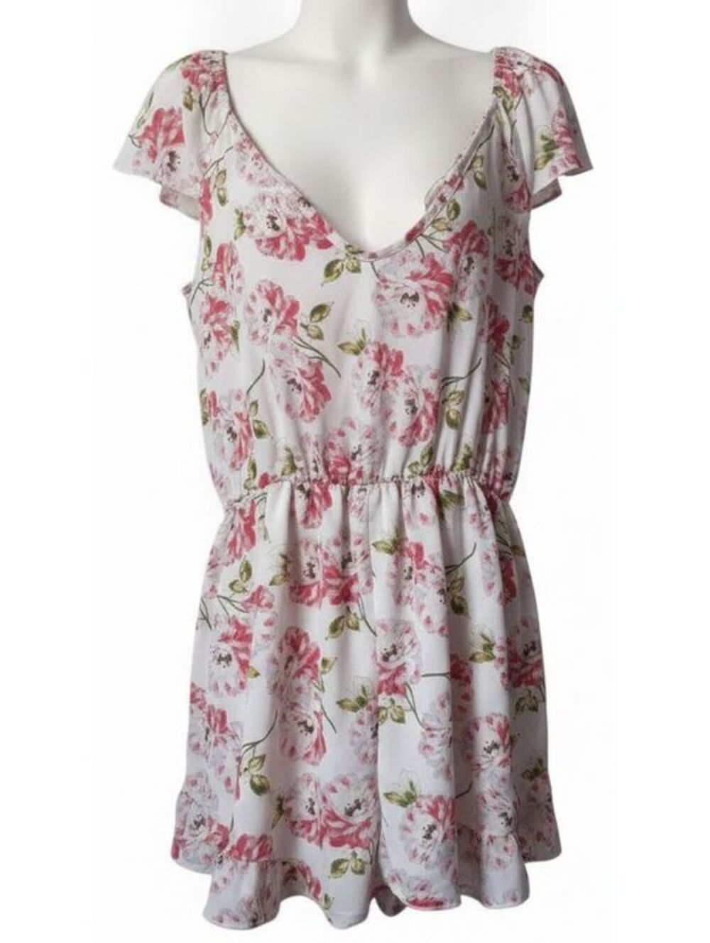 Pins & Needles Floral Romper Urban Outfitters Cream Pink Rose V-Neck
